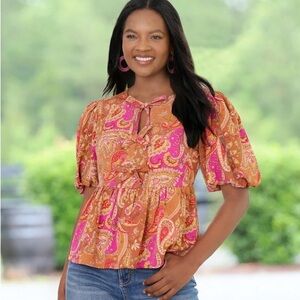 CATO mosaic print ties in front puff sleeve gingerbread brown Sz 14/16W